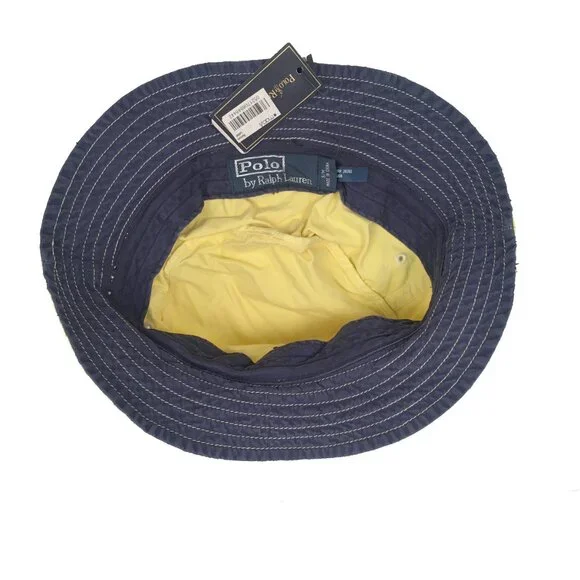 NEW Vintage Polo Ralph Lauren Bucket Hat! Weathered Yellow With Navy Big Pony